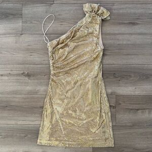 Badgley Mischka Gold Asymmetrical Sequins Cocktail Dress